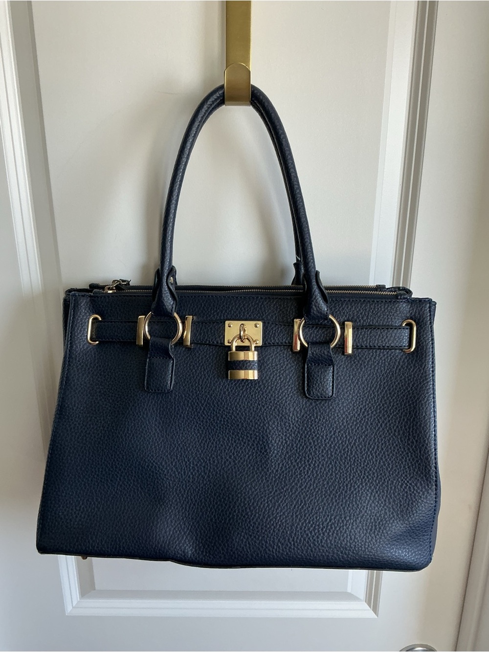Navy Pebbled Faux Leather Handbag with Gold Lock Detail